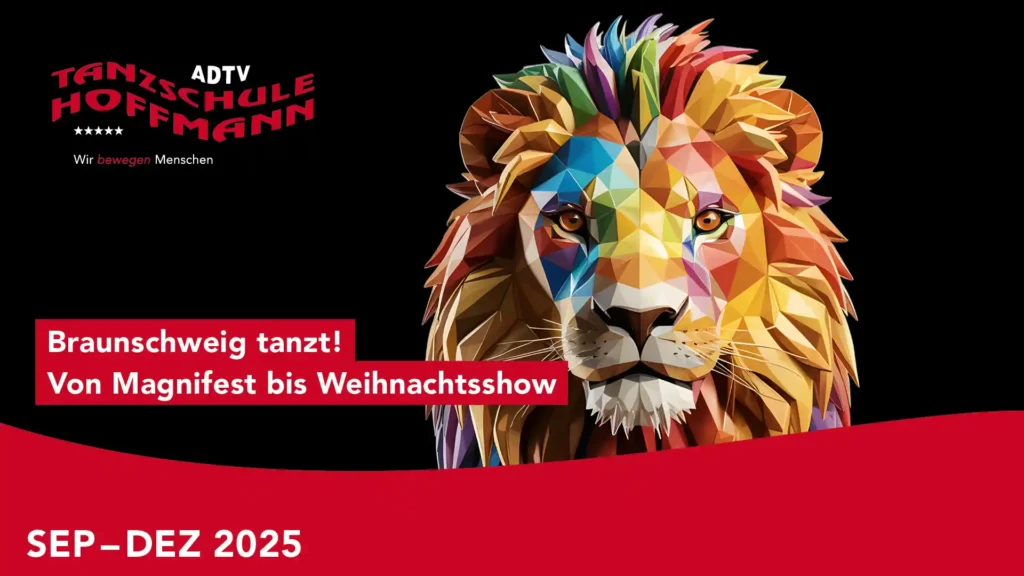 Saisonflyer der ADTV Tanzschule Hoffmann für September bis Dezember 2025 mit stilisiertem, farbenfrohem Löwenkopf und Hinweis auf über 80 Tanzkurse in Braunschweig.