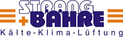 Logo von Strang & Bähre Kälte-Klima-Lüftung: orangefarbene Balken und der blaue Schriftzug "STRANG + BÄHRE".