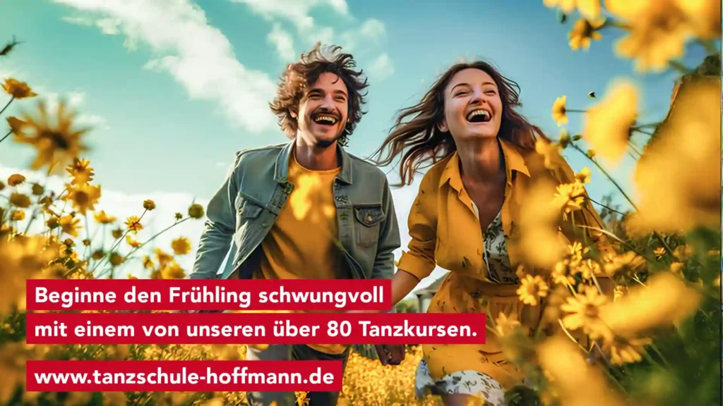 Lachendes Paar läuft im Frühling durch ein Blumenfeld – Werbebild der ADTV Tanzschule Hoffmann in Braunschweig mit Aufruf, den Frühling mit einem von über 80 Tanzkursen zu beginnen.