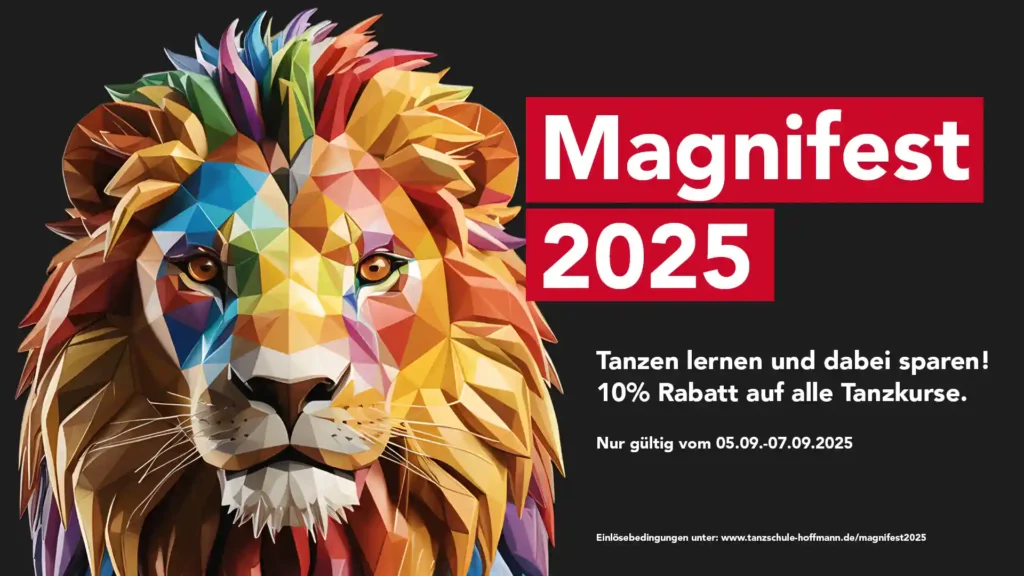 Magnifest 2025 Angebot der ADTV Tanzschule Hoffmann in Braunschweig: 10 % Rabatt auf alle Tanzkurse vom 5. bis 7. September 2025. Buntes Löwenmotiv im modernen Polygon-Stil.