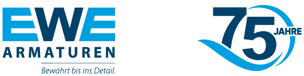 Logo von EWE Armaturen in Blau mit dem Slogan "Bewährt bis ins Detail" und einem 75-Jahre-Jubiläumslogo.